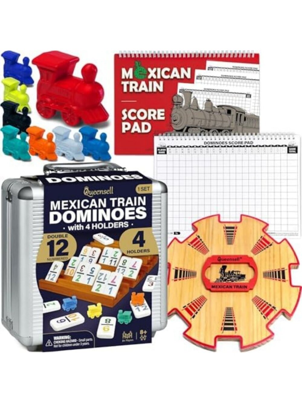Double 12 Dominoes Set with 4 Holders, Wooden Hub, Score Pad & Metal Trains